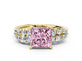 Yellow gold Fancy Pink Princess  Cluster Diamond Engagement Ring with Pavé Band and Four-Prong Setting