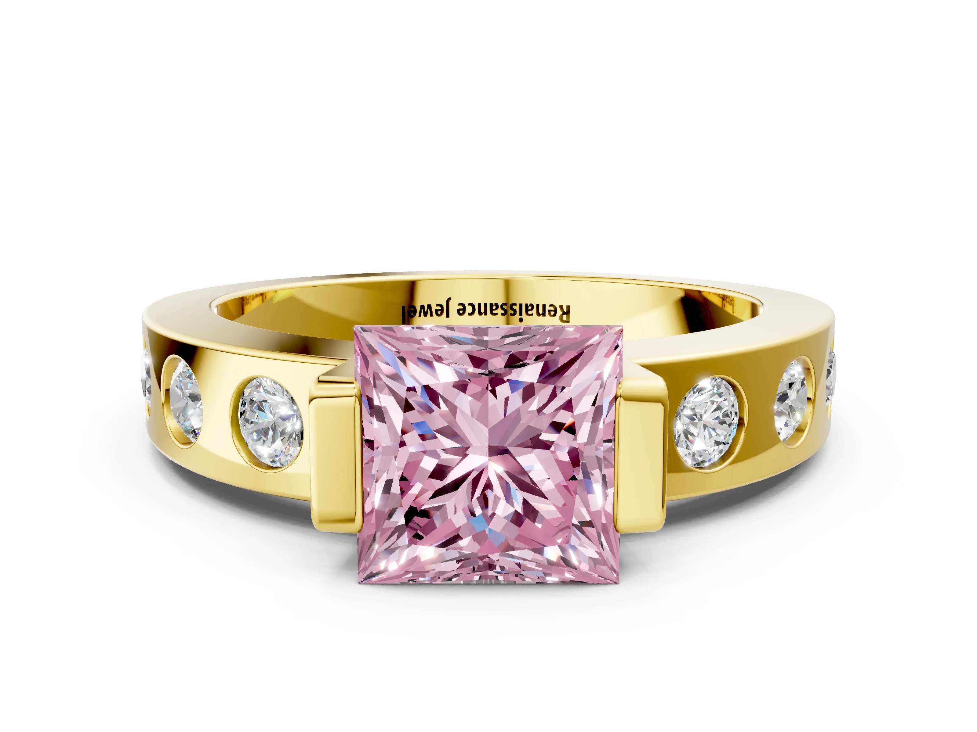 Yellow gold Fancy Pink Princess Cut Brilliant Channel-Set Diamond Ring with Bezel Prong Setting