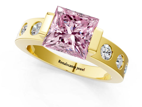 Yellow gold Fancy Pink Princess Cut Brilliant Channel-Set Diamond Ring with Bezel Prong Setting_1