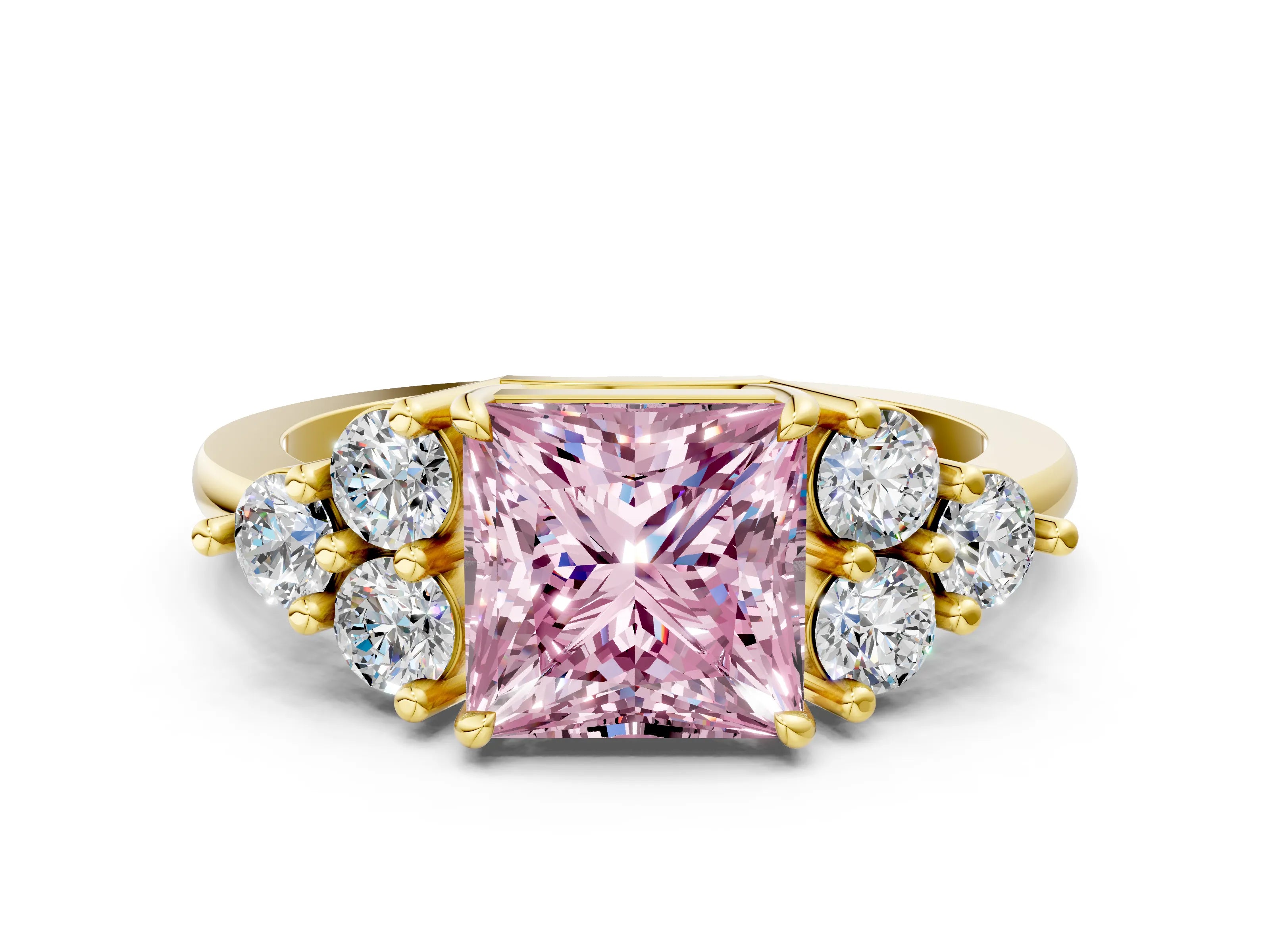 Yellow gold Fancy Pink Princess Cut Brilliant Diamond Cluster Accent Solitaire Ring with Prong Setting
