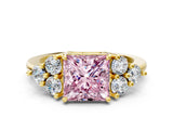 Yellow gold Fancy Pink Princess Cut Brilliant Diamond Cluster Accent Solitaire Ring with Prong Setting