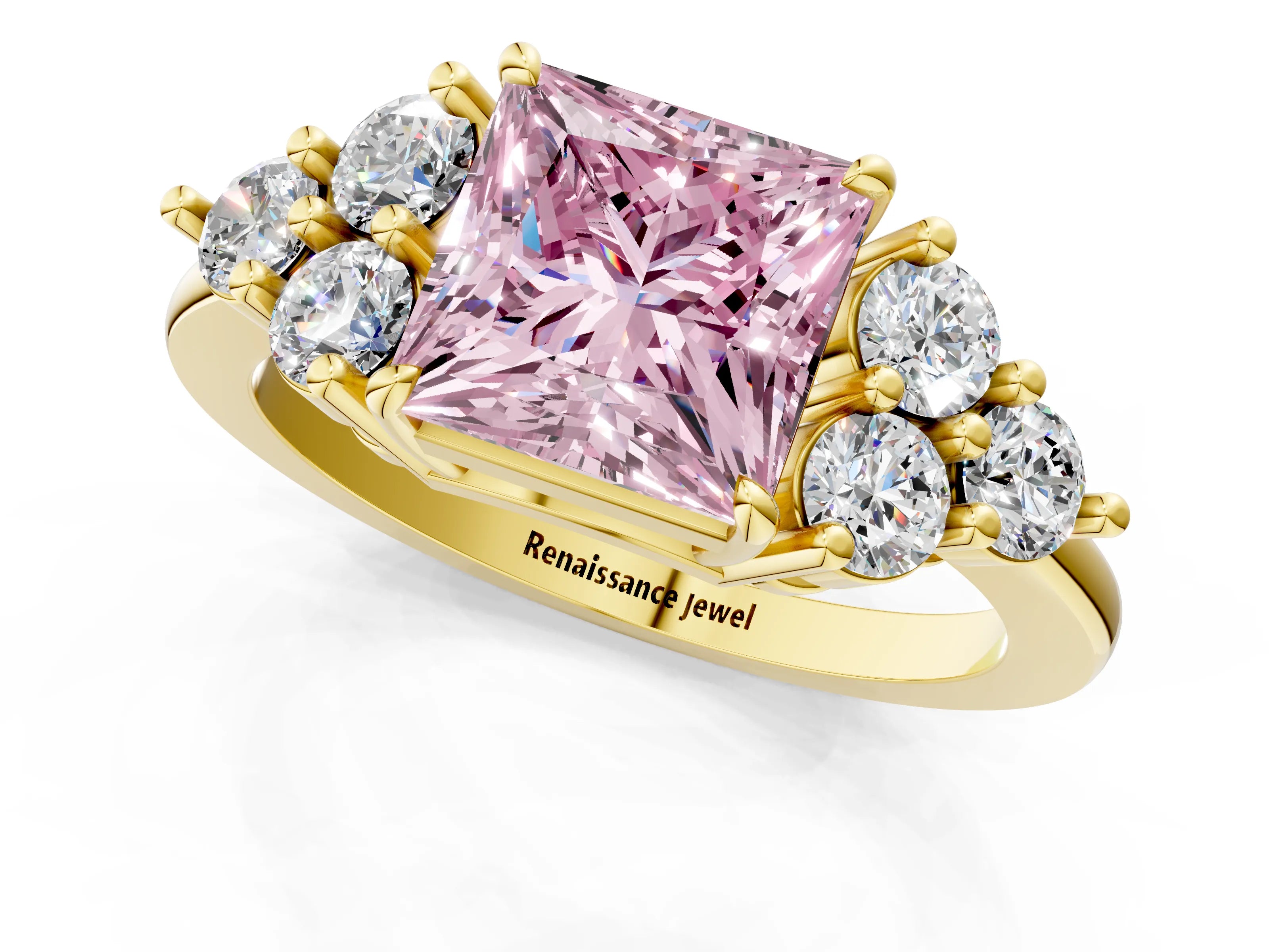 Yellow gold Fancy Pink Princess Cut Brilliant Diamond Cluster Accent Solitaire Ring with Prong Setting_1