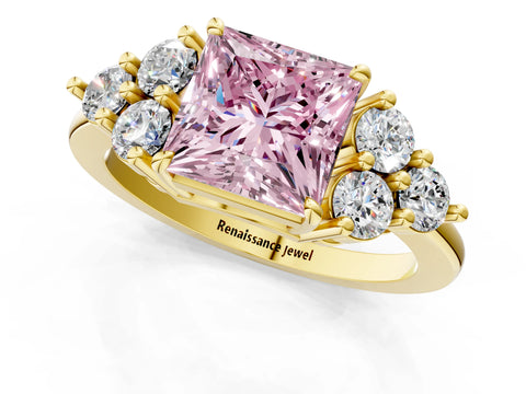 Yellow gold Fancy Pink Princess Cut Brilliant Diamond Cluster Accent Solitaire Ring with Prong Setting_1