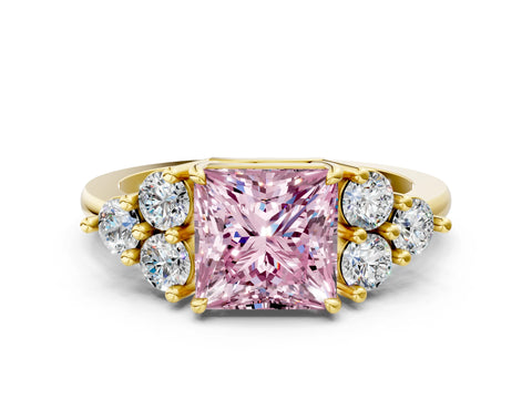 Yellow gold Fancy Pink Princess Cut Brilliant Diamond Cluster Accent Solitaire Ring with Prong Setting