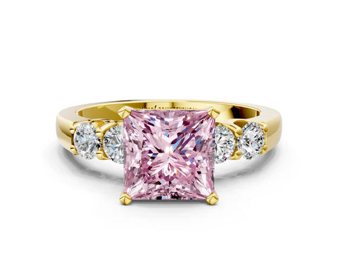 Yellow gold Fancy Pink Princess Cut Brilliant Diamond Five-Stone Engagement Ring with Prong Setting on a Classic Band_3