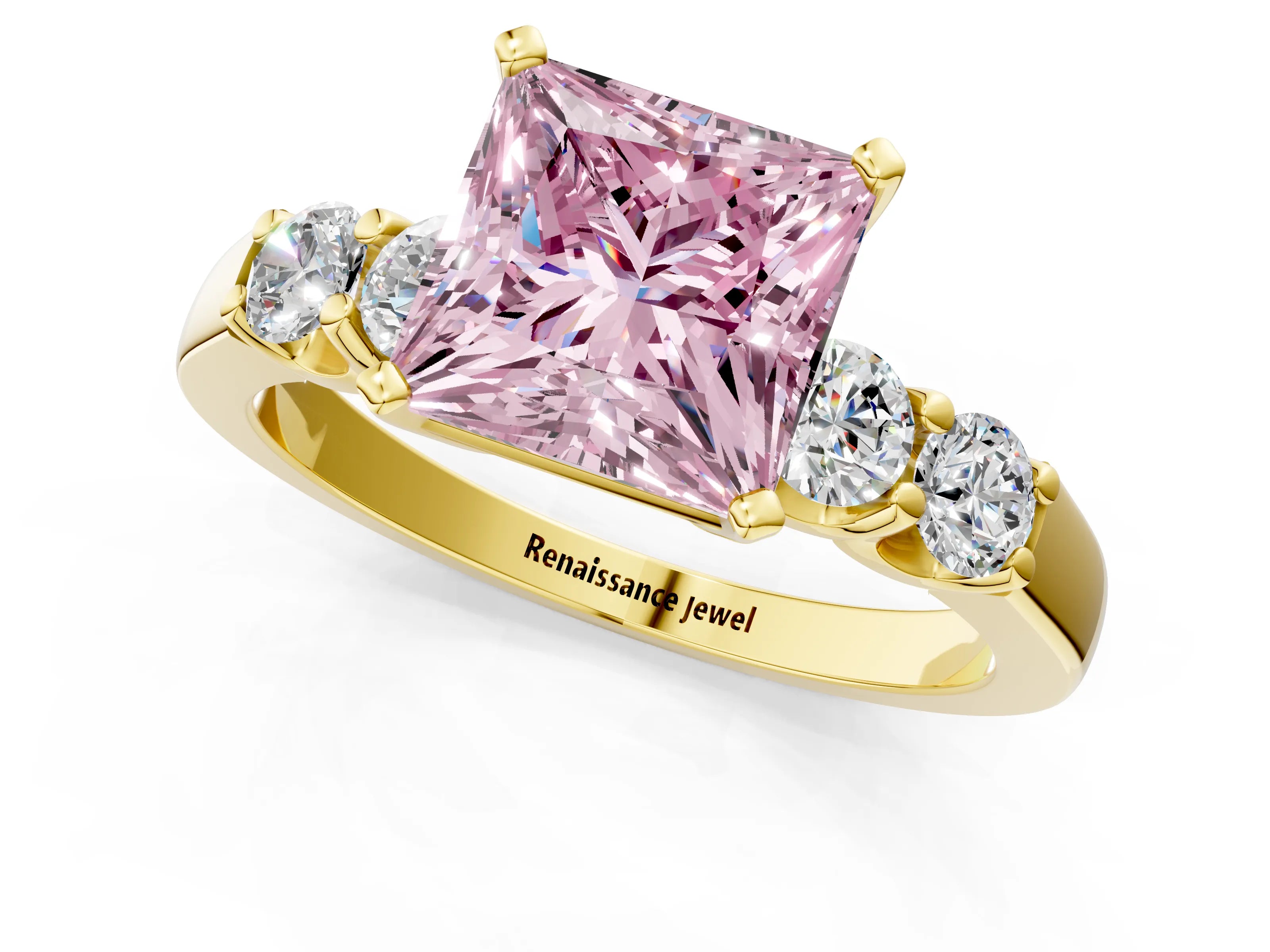 Yellow gold Fancy Pink Princess Cut Brilliant Diamond Five-Stone Engagement Ring with Prong Setting on a Classic Band_4