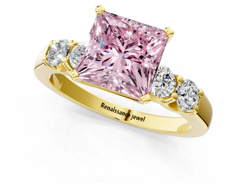 Yellow gold Fancy Pink Princess Cut Brilliant Diamond Five-Stone Engagement Ring with Prong Setting on a Classic Band_4