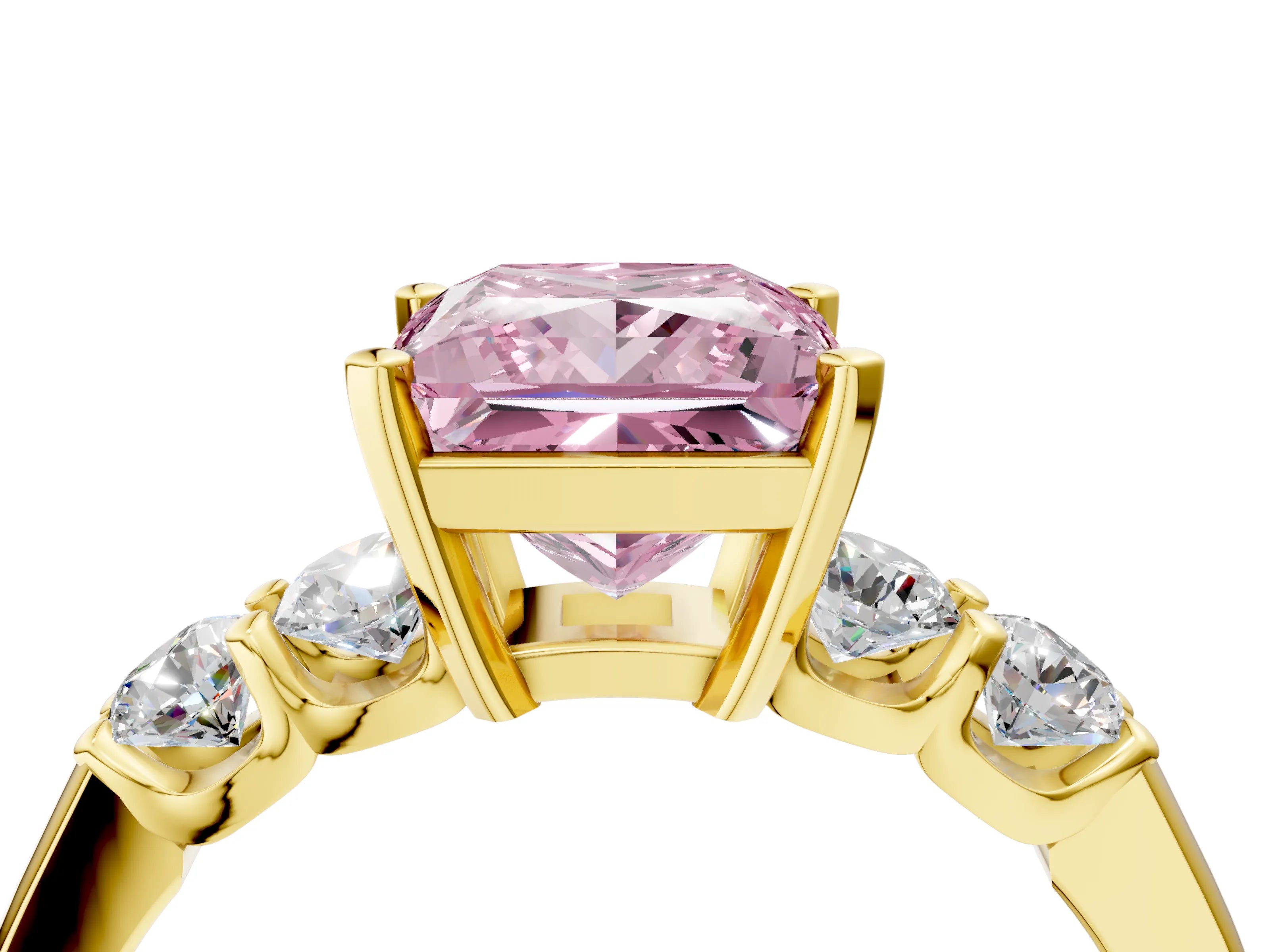 Yellow gold Fancy Pink Princess Cut Brilliant Diamond Five-Stone Engagement Ring with Prong Setting on a Classic Band_7