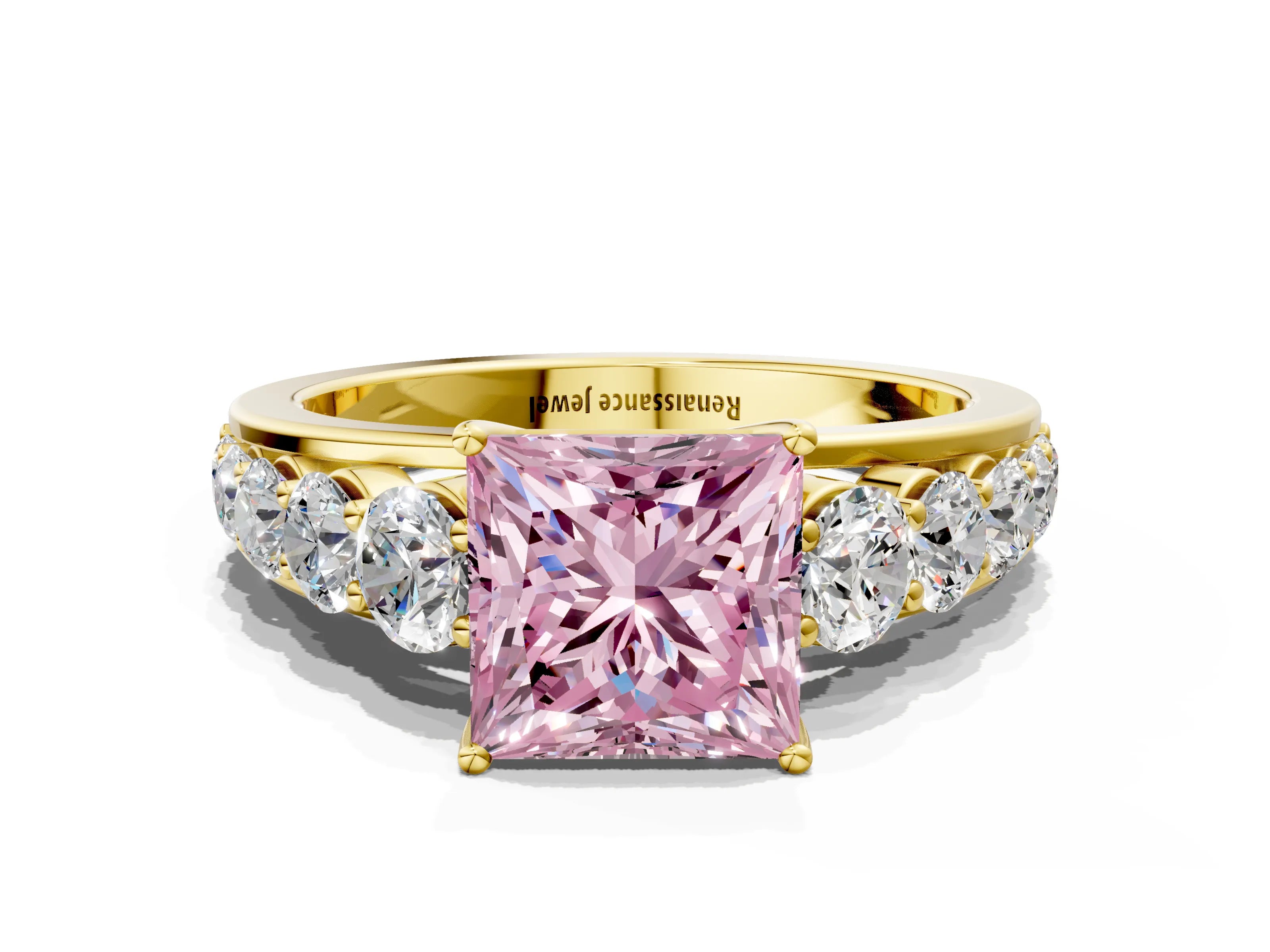Yellow gold Fancy Pink Princess Cut Brilliant Diamond Pavé Band with Six-Prong Setting