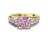 Yellow gold Fancy Pink Princess Cut Brilliant Diamond Pavé Band with Six-Prong Setting