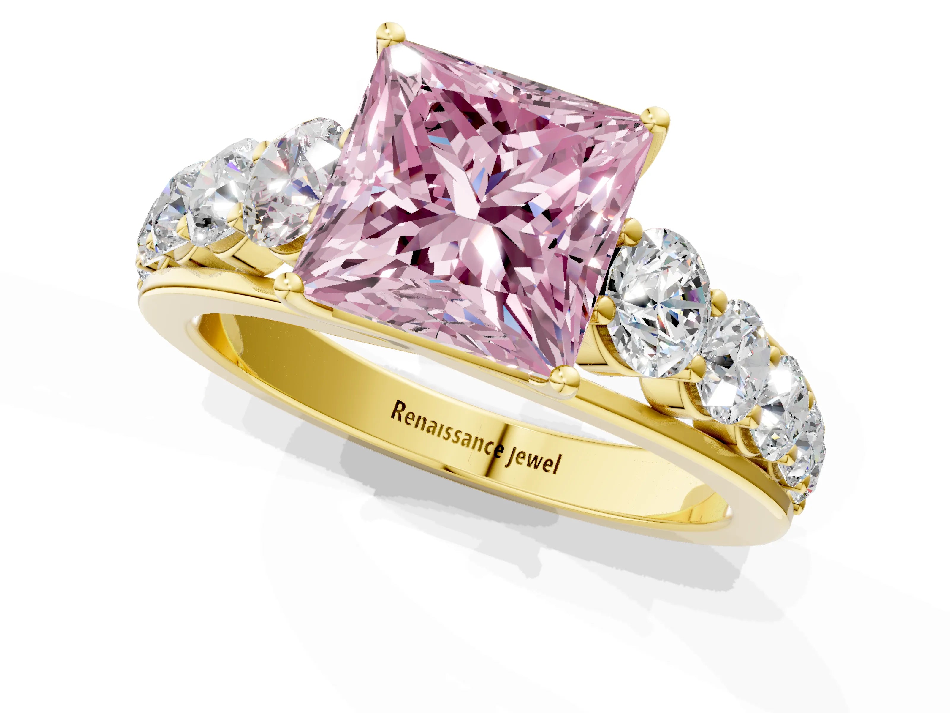 Yellow gold Fancy Pink Princess Cut Brilliant Diamond Pavé Band with Six-Prong Setting_1