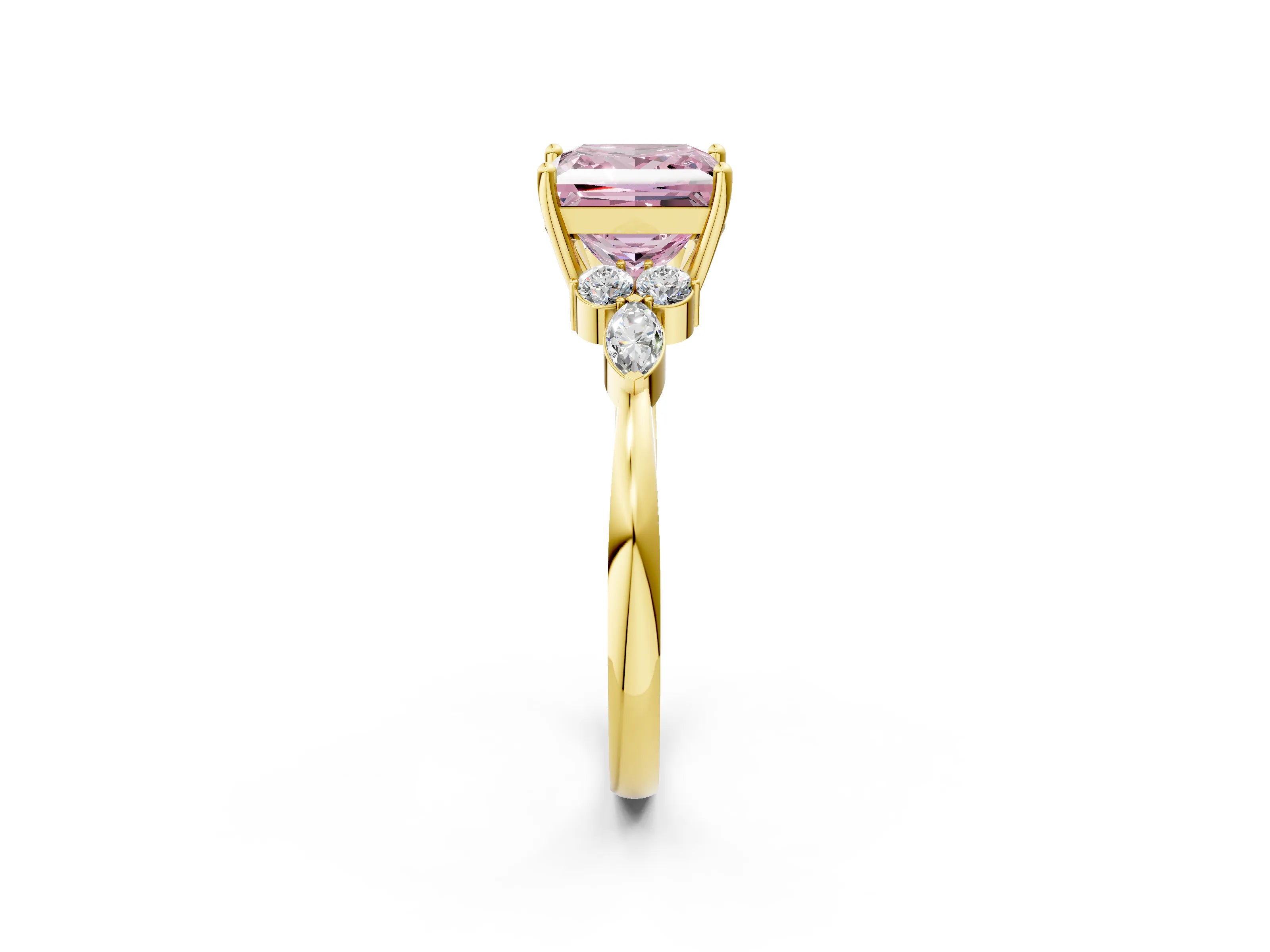 Yellow gold Fancy Pink Princess Cut Brilliant Diamond Solitaire Ring with Pear Side Stones and Four-Prong Setting_5