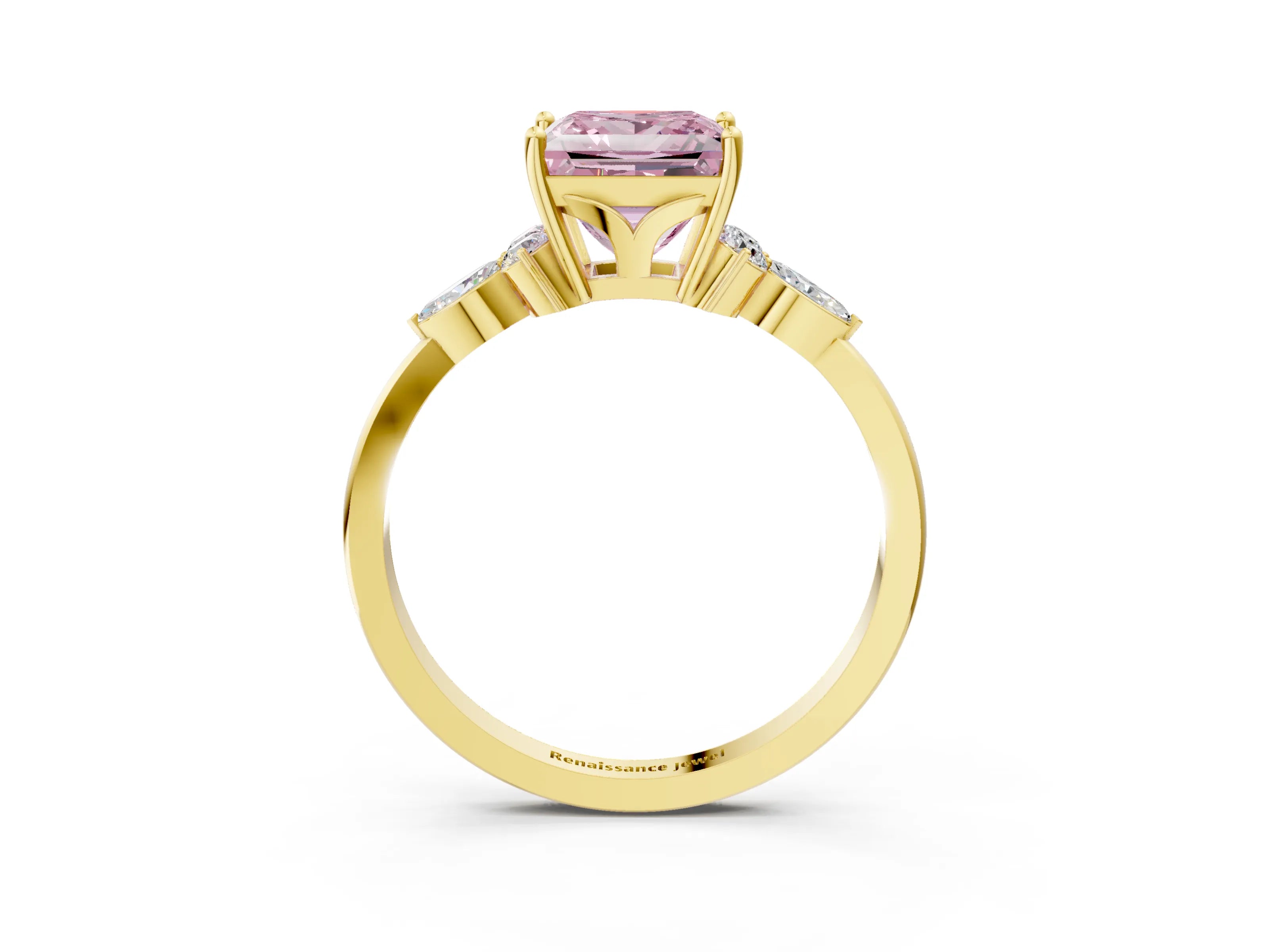 Yellow gold Fancy Pink Princess Cut Brilliant Diamond Solitaire Ring with Pear Side Stones and Four-Prong Setting_6