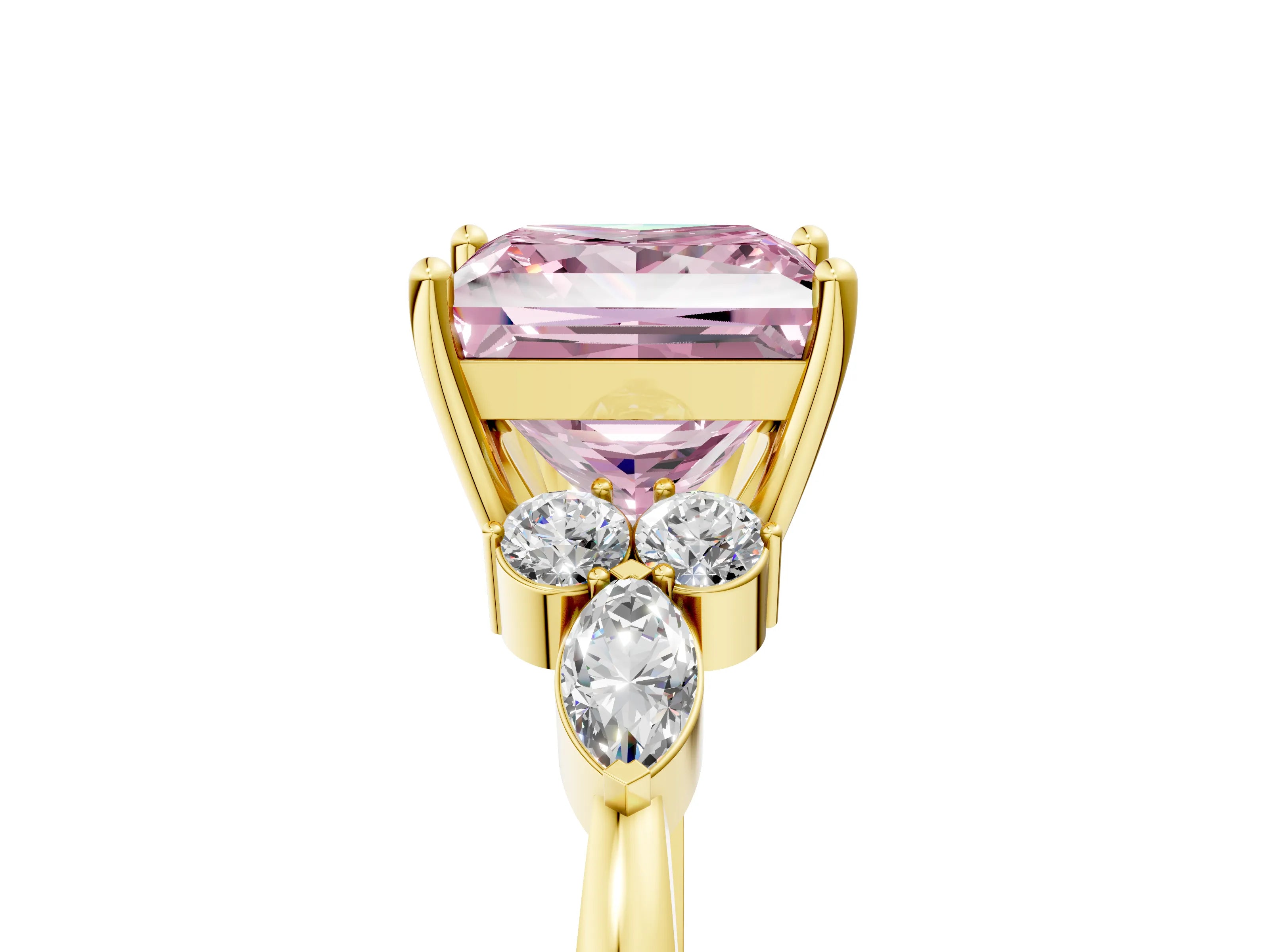 Yellow gold Fancy Pink Princess Cut Brilliant Diamond Solitaire Ring with Pear Side Stones and Four-Prong Setting_8