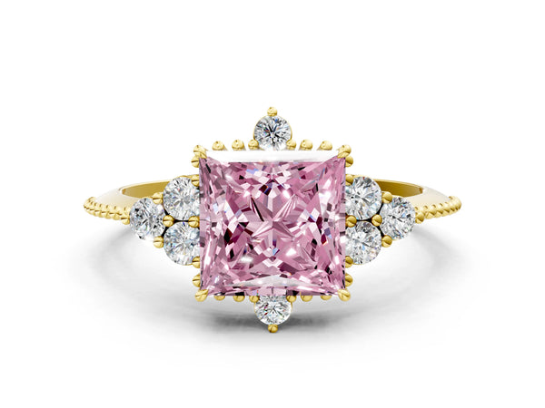 Yellow gold Fancy Pink Princess Cut Brilliant Diamond with Cluster Setting on a Beaded Band and Four-Prong Setting