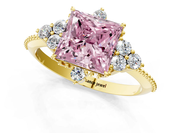 Yellow gold Fancy Pink Princess Cut Brilliant Diamond with Cluster Setting on a Beaded Band and Four-Prong Setting