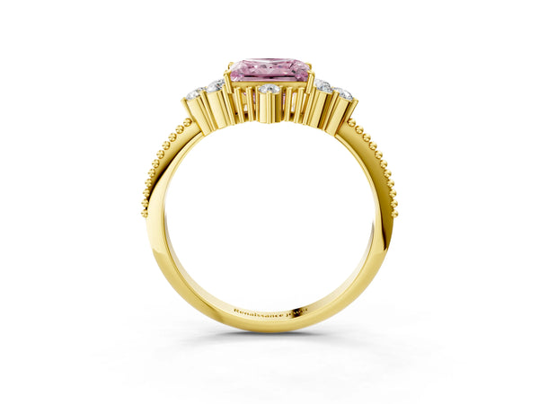 Yellow gold Fancy Pink Princess Cut Brilliant Diamond with Cluster Setting on a Beaded Band and Four-Prong Setting