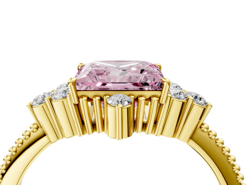 Yellow gold Fancy Pink Princess Cut Brilliant Diamond with Cluster Setting on a Beaded Band and Four-Prong Setting_4
