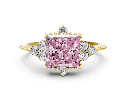 Yellow gold Fancy Pink Princess Cut Brilliant Diamond with Cluster Setting on a Beaded Band and Four-Prong Setting