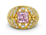 Yellow gold Fancy Pink Princess Cut Brilliant Halo Pave Diamond Milgrain Ring