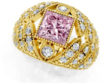 Yellow gold Fancy Pink Princess Cut Brilliant Halo Pave Diamond Milgrain Ring_1