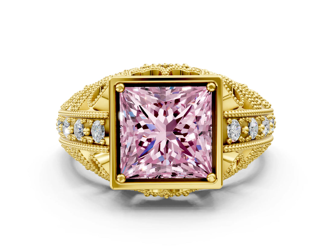 Yellow gold Fancy Pink Princess Cut Brilliant Milgrain Filigree Diamond Ring with Square Prong Setting