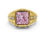 Yellow gold Fancy Pink Princess Cut Brilliant Milgrain Filigree Diamond Ring with Square Prong Setting