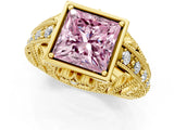 Yellow gold Fancy Pink Princess Cut Brilliant Milgrain Filigree Diamond Ring with Square Prong Setting_1