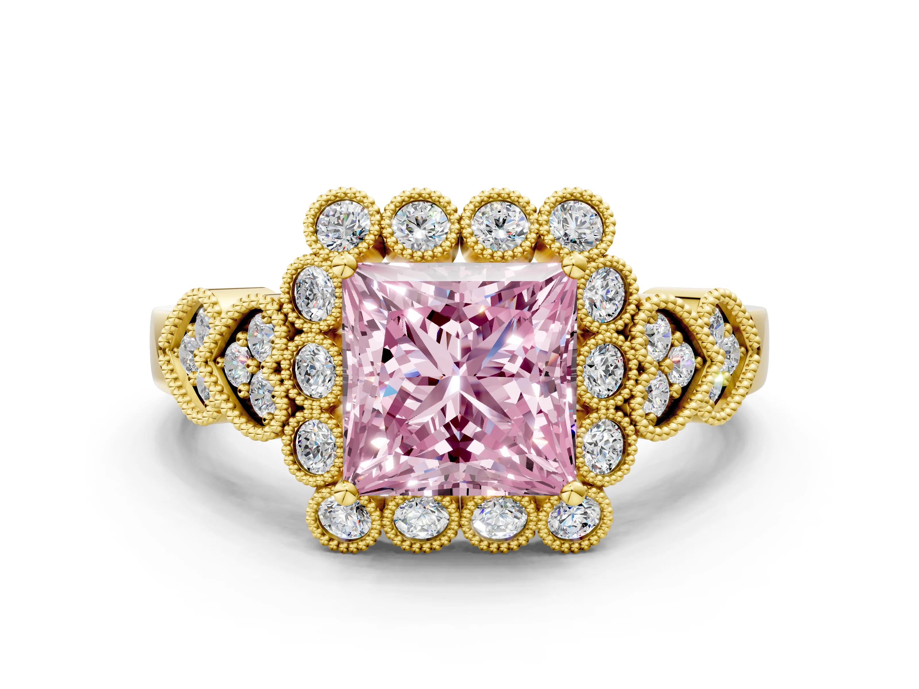 Yellow gold Fancy Pink Princess Cut Brilliant Milgrain Pave Heart Band Solitaire Ring