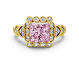 Yellow gold Fancy Pink Princess Cut Brilliant Milgrain Pave Heart Band Solitaire Ring