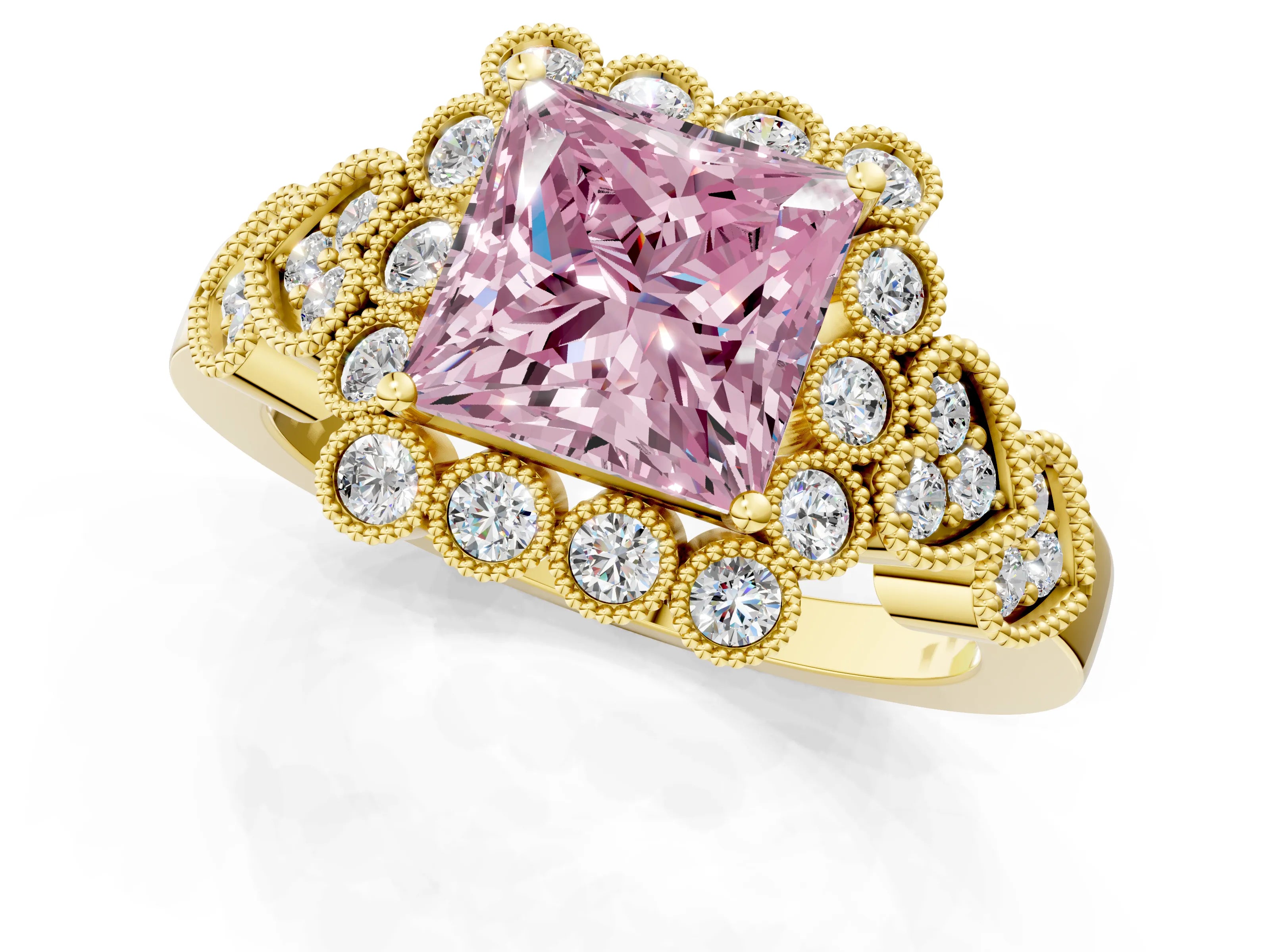 Yellow gold Fancy Pink Princess Cut Brilliant Milgrain Pave Heart Band Solitaire Ring_1