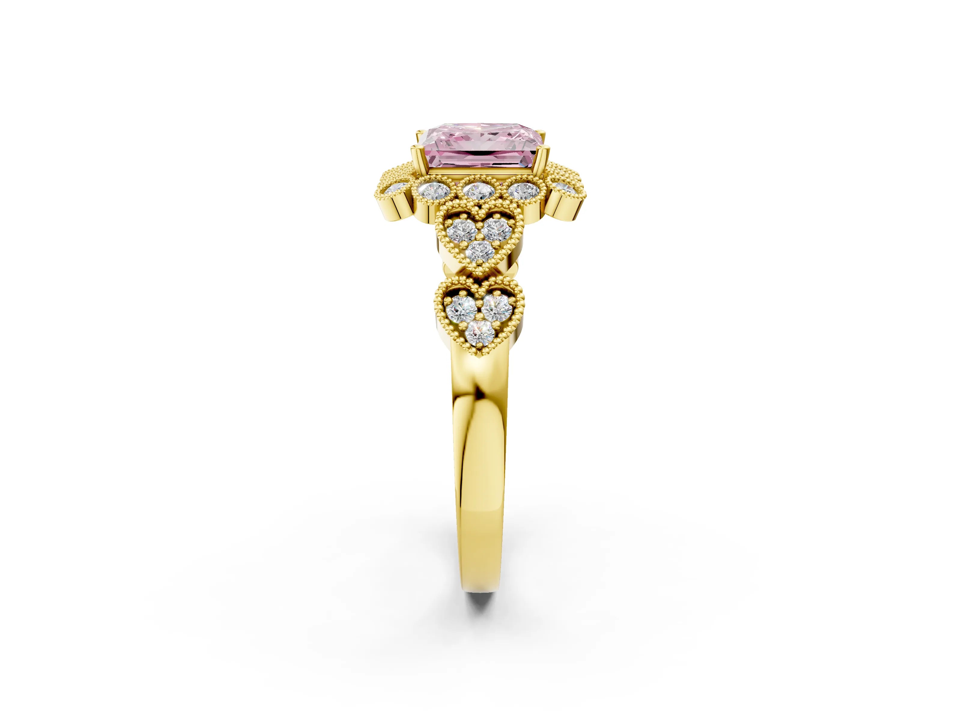 Yellow gold Fancy Pink Princess Cut Brilliant Milgrain Pave Heart Band Solitaire Ring_2