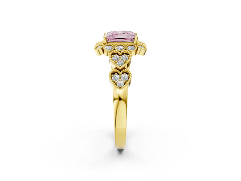 Yellow gold Fancy Pink Princess Cut Brilliant Milgrain Pave Heart Band Solitaire Ring_2