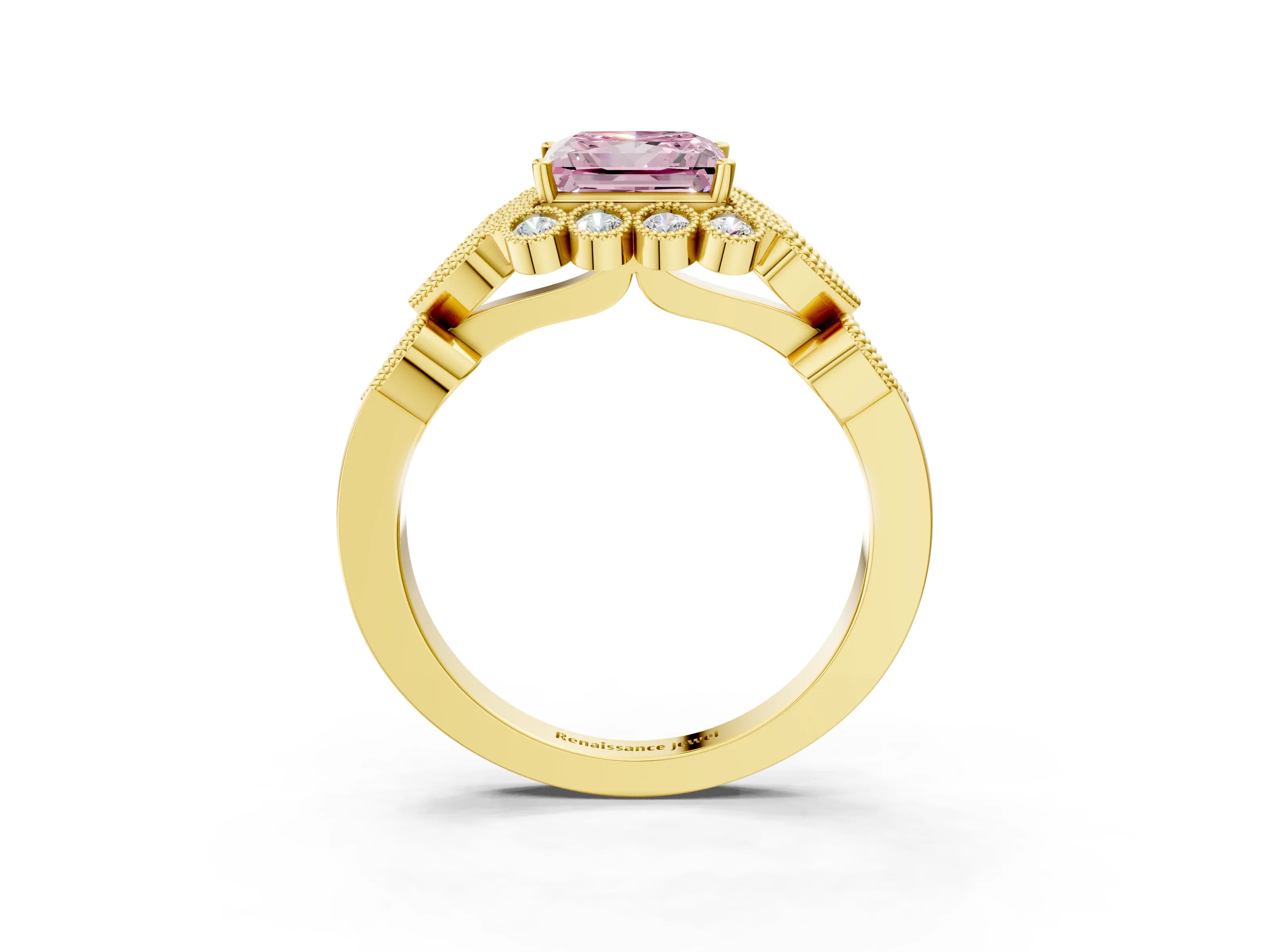 Yellow gold Fancy Pink Princess Cut Brilliant Milgrain Pave Heart Band Solitaire Ring_3