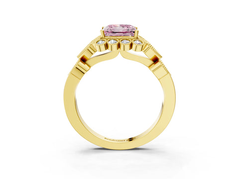 Yellow gold Fancy Pink Princess Cut Brilliant Milgrain Pave Heart Band Solitaire Ring_3