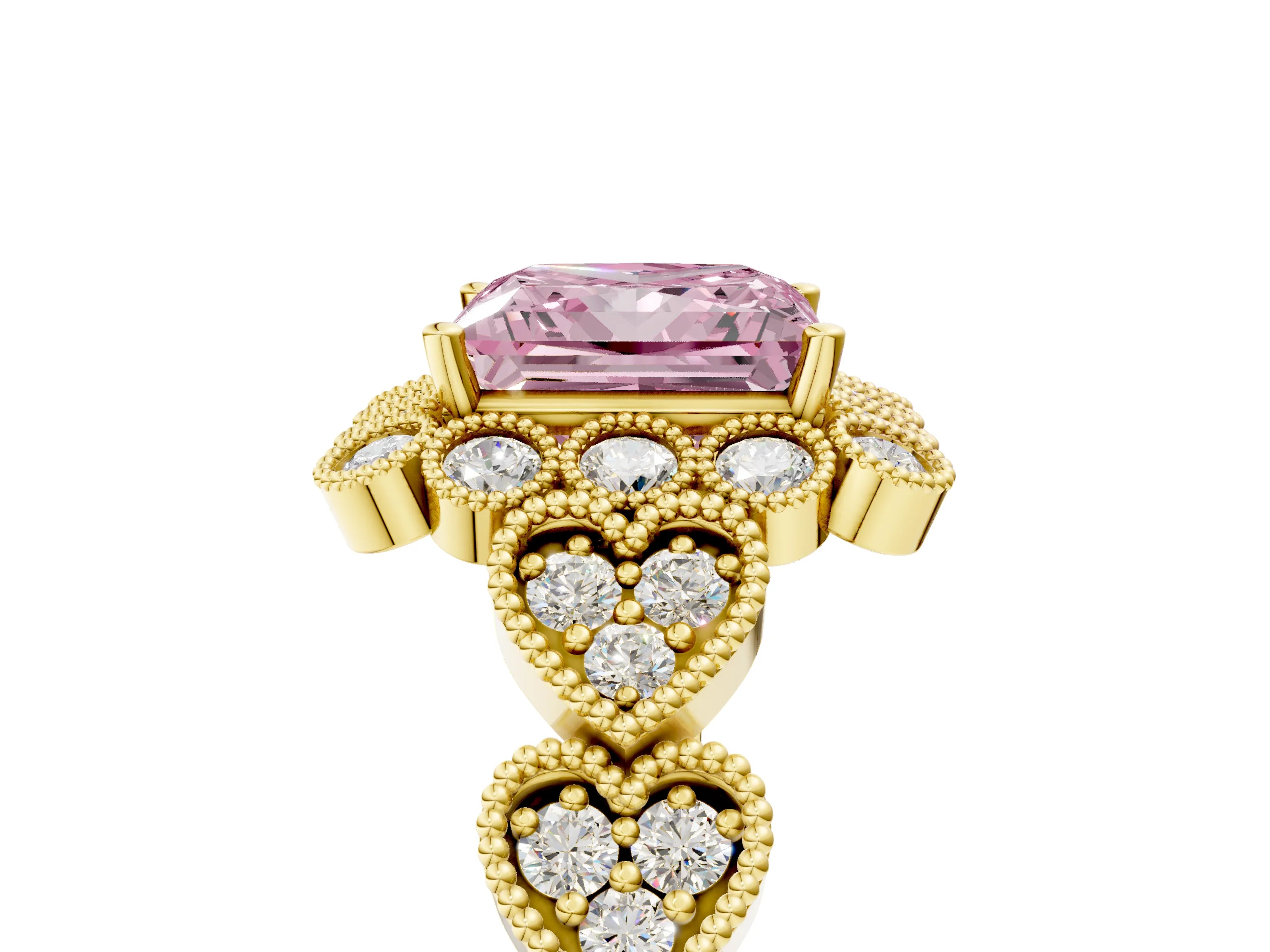 Yellow gold Fancy Pink Princess Cut Brilliant Milgrain Pave Heart Band Solitaire Ring_5