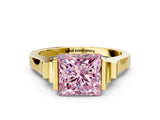 Yellow gold Fancy Pink Princess Cut Brilliant Solitaire Diamond Ring with Channel Set Band and Bar Prong Setting