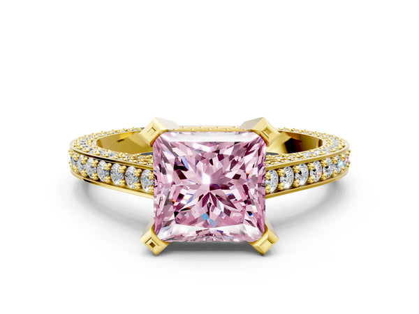 Yellow gold Fancy Pink Princess Cut Brilliant Split Shank Pave Solitaire Ring with Four-Prong Setting
