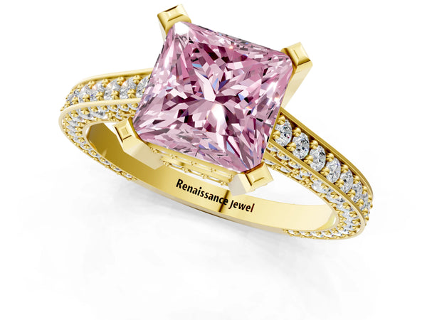 Yellow gold Fancy Pink Princess Cut Brilliant Split Shank Pave Solitaire Ring with Four-Prong Setting