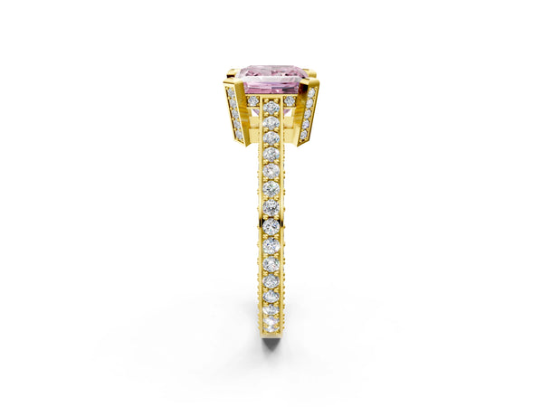 Yellow gold Fancy Pink Princess Cut Brilliant Split Shank Pave Solitaire Ring with Four-Prong Setting