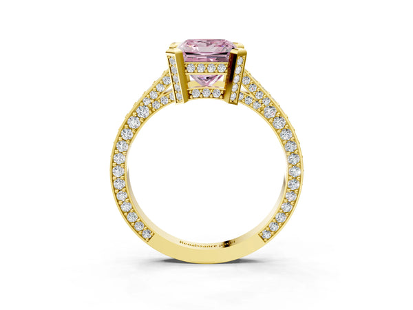 Yellow gold Fancy Pink Princess Cut Brilliant Split Shank Pave Solitaire Ring with Four-Prong Setting