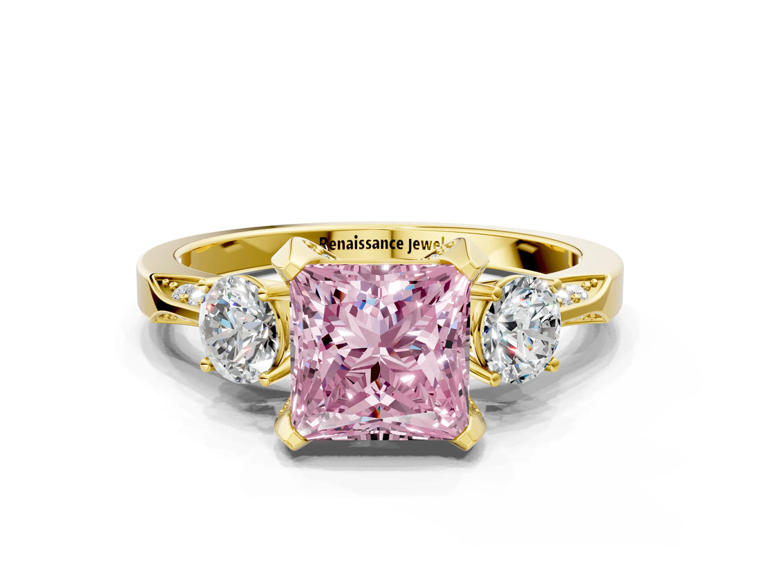 Yellow gold Fancy Pink Princess Cut Brilliant Three-Stone Diamond Ring with Pavé Band and Four-Prong Setting_3