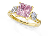 Yellow gold Fancy Pink Princess Cut Brilliant Three-Stone Diamond Ring with Pavé Band and Four-Prong Setting_4