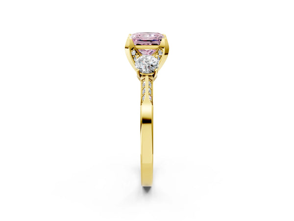 Yellow Gold Princess Cut Three Stone Hidden Halo Engagement Ring Setting for Fancy Pink Center