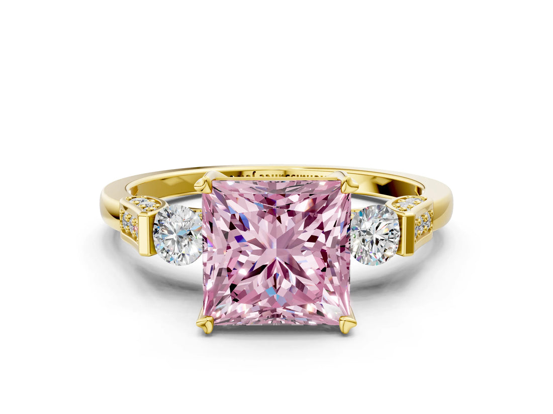 Yellow gold Fancy Pink Princess Cut Brilliant Three-Stone Pave Band with Four-Prong Setting