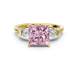 Yellow gold Fancy Pink Princess Cut Brilliant Three-Stone Pave Band with Four-Prong Setting