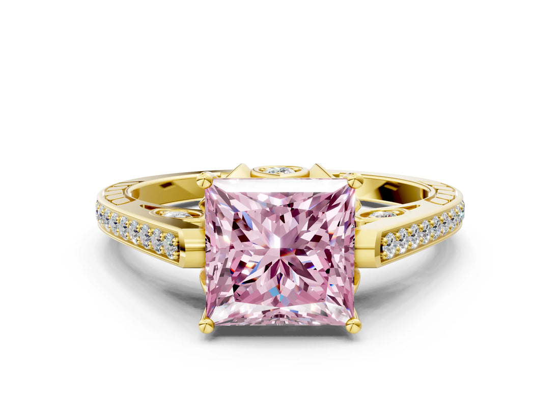 Yellow gold Fancy Pink Princess  Cut Cathedral Pave Diamond Engagement Ring with Six-Prong Setting_33