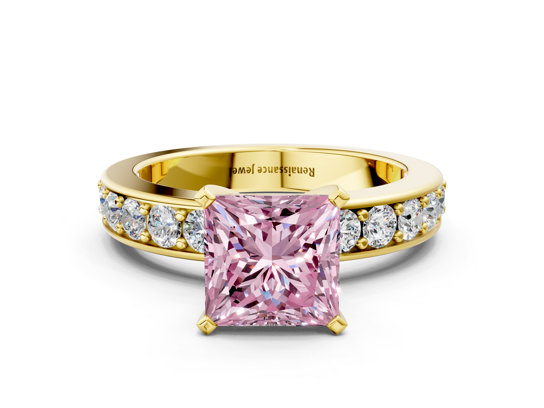 Yellow gold Fancy Pink Princess  Cut Channel Set Diamond Engagement Ring with Four-Prong Setting