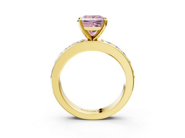 Yellow gold Fancy Pink Princess  Cut Channel Set Diamond Engagement Ring with Four-Prong Setting