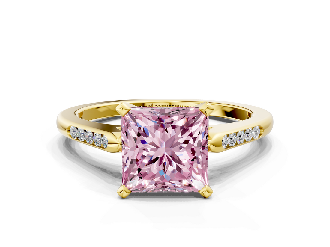 Yellow gold Fancy Pink Princess  Cut Channel Set Solitaire Engagement Ring with Four-Prong Setting